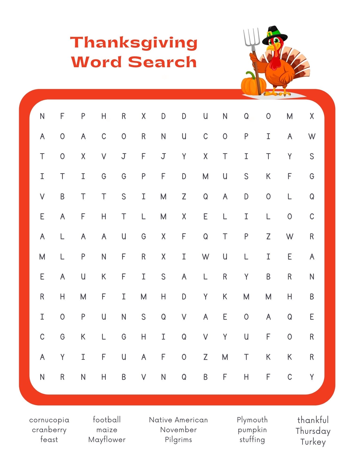 Thanksgiving Word Search Worksheet