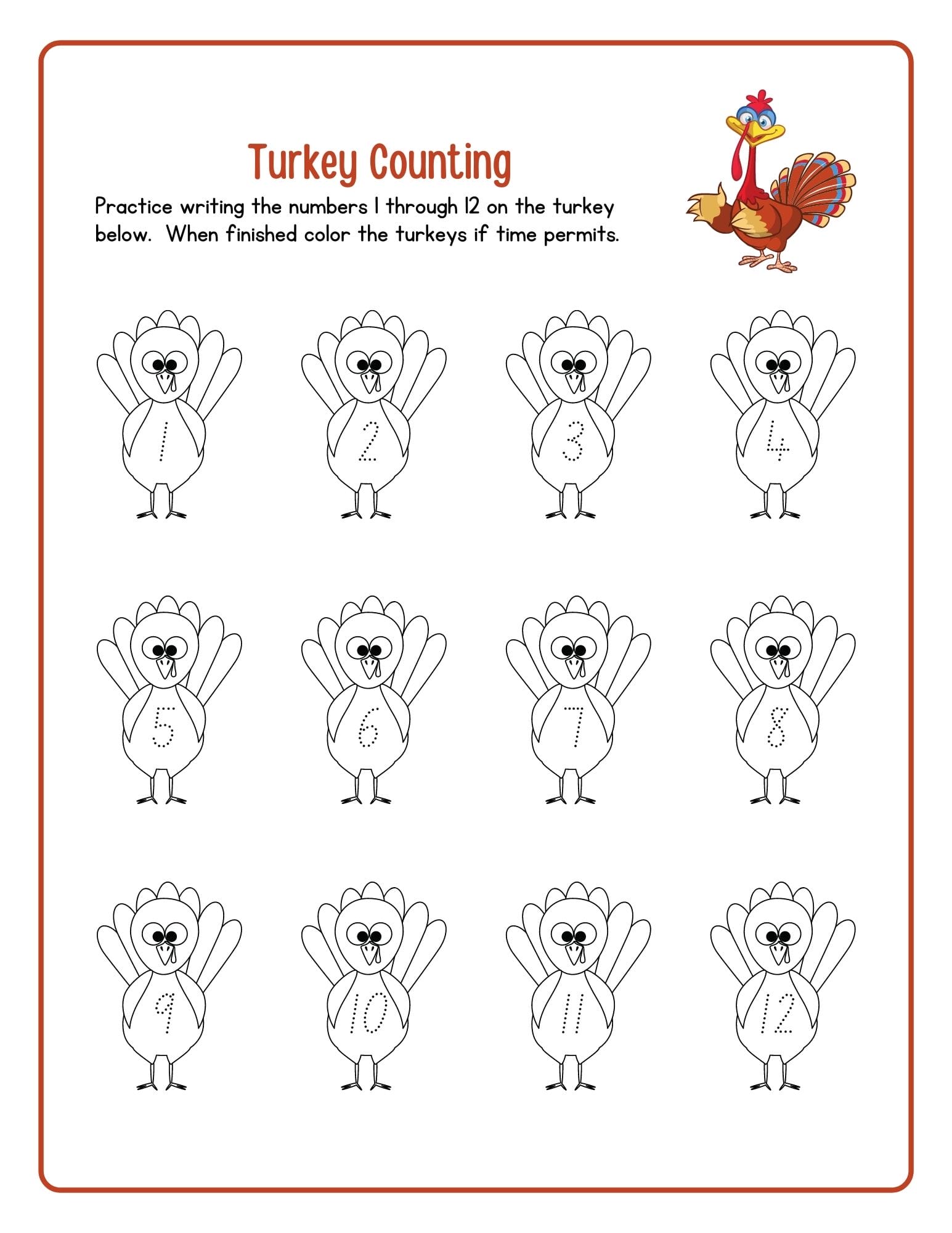 Thanksgiving Coloring Page and Activity - Turkey Counting and Coloring