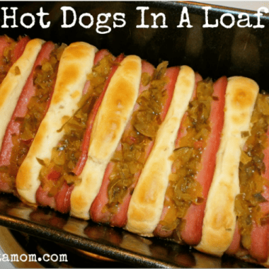 Don't have hot dog buns? No worries! Make hot dogs in a loaf pan using Bisquick baking mix.
