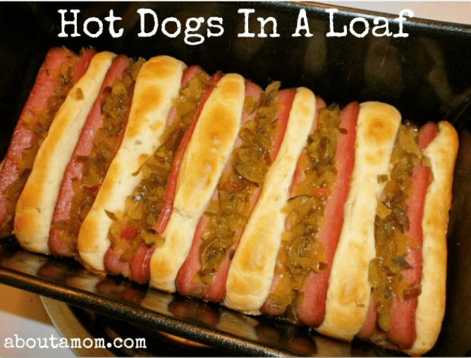 Don't have hot dog buns? No worries! Make hot dogs in a loaf pan using Bisquick baking mix.