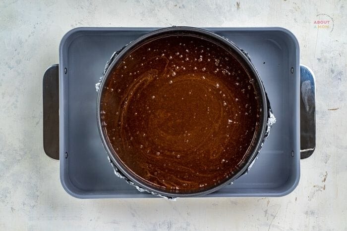 chocolate batter in the pan