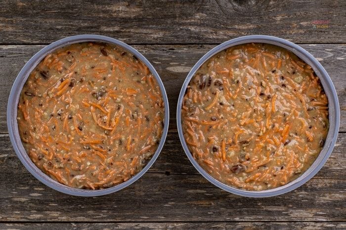 carrot cake batter in pans
