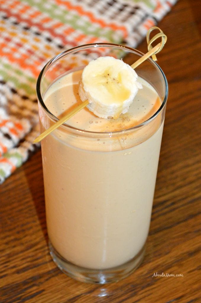 Smoothies are so versatile and a great way to sneak some extra fruit and protein into your diet. This delicious Caramel Peanut Butter Banana Smoothie is made with Jif® Peanut Powder.