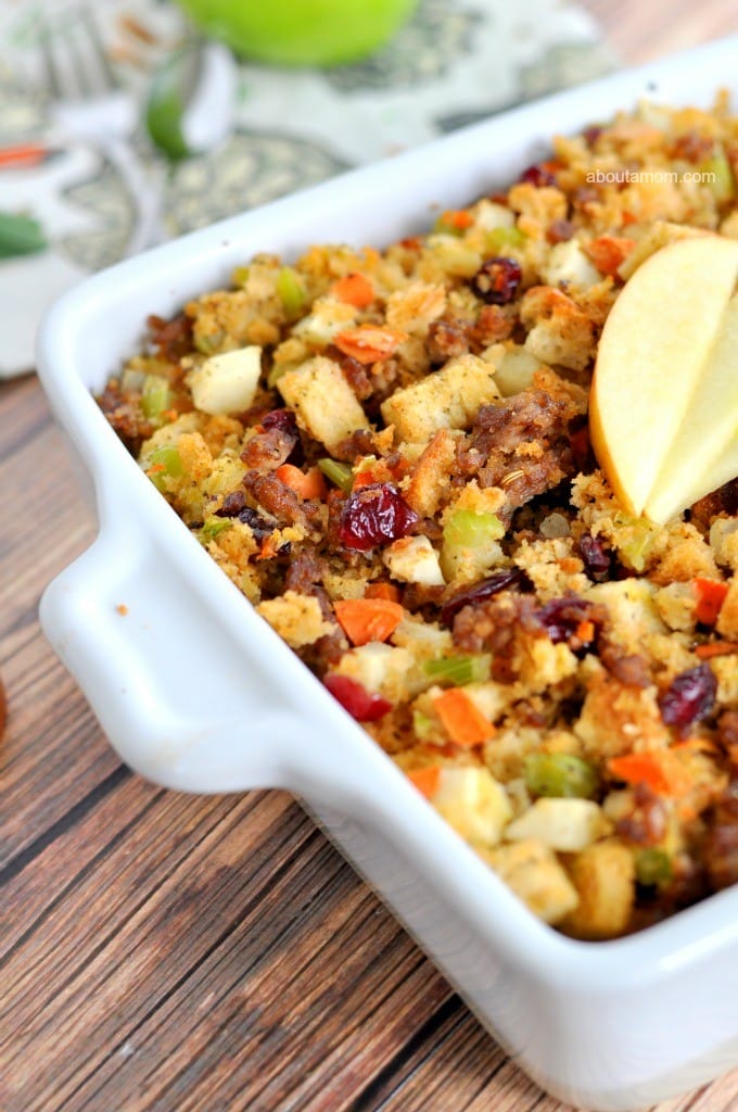 This classic apple and sausage stuffing recipe is a crowd-pleasing Thanksgiving side dish that's loaded up with vegetables, fruit, and savory sage sausage.