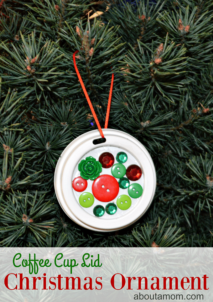 Upcycle your coffee cup lids into a festive Christmas ornament.