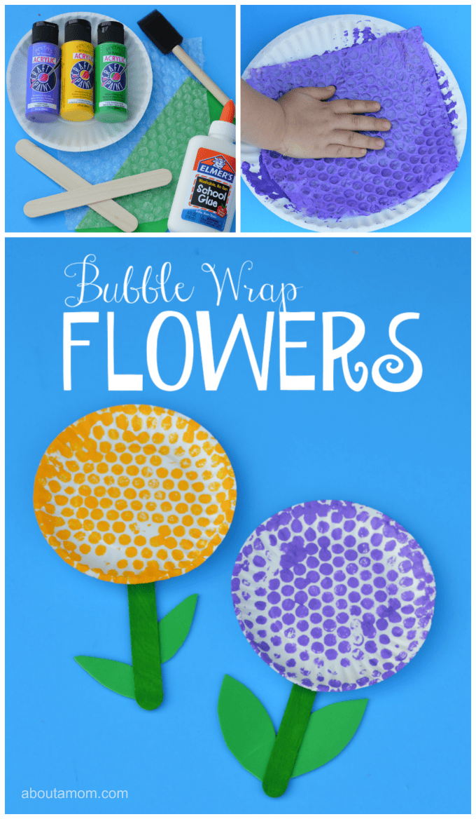 Fun springtime flower craft for kids using bubble wrap.