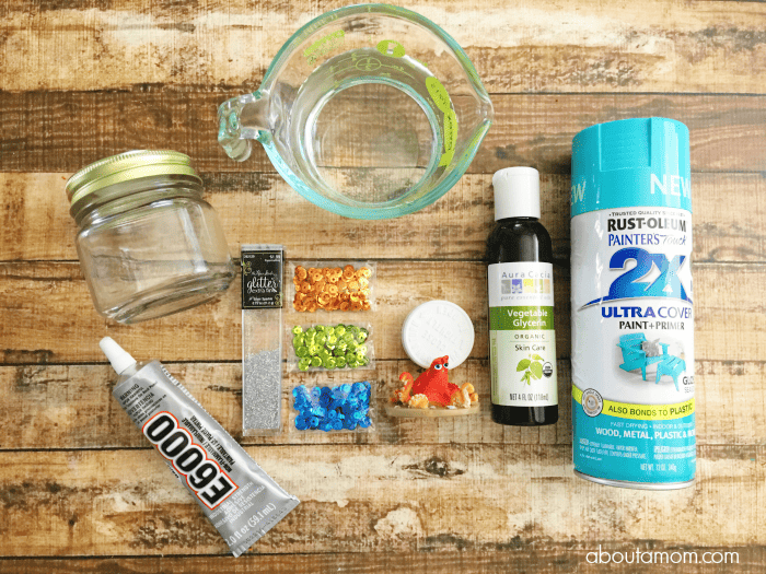 Supplies for DIY Glitter Globe Featuring Hank from Finding Dory