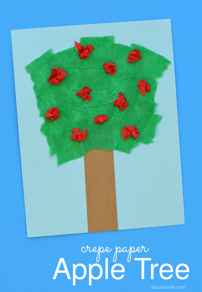 Kids will work on fine motor skills as they tear crepe paper to make this apple tree craft from basic craft supplies for apple season. 