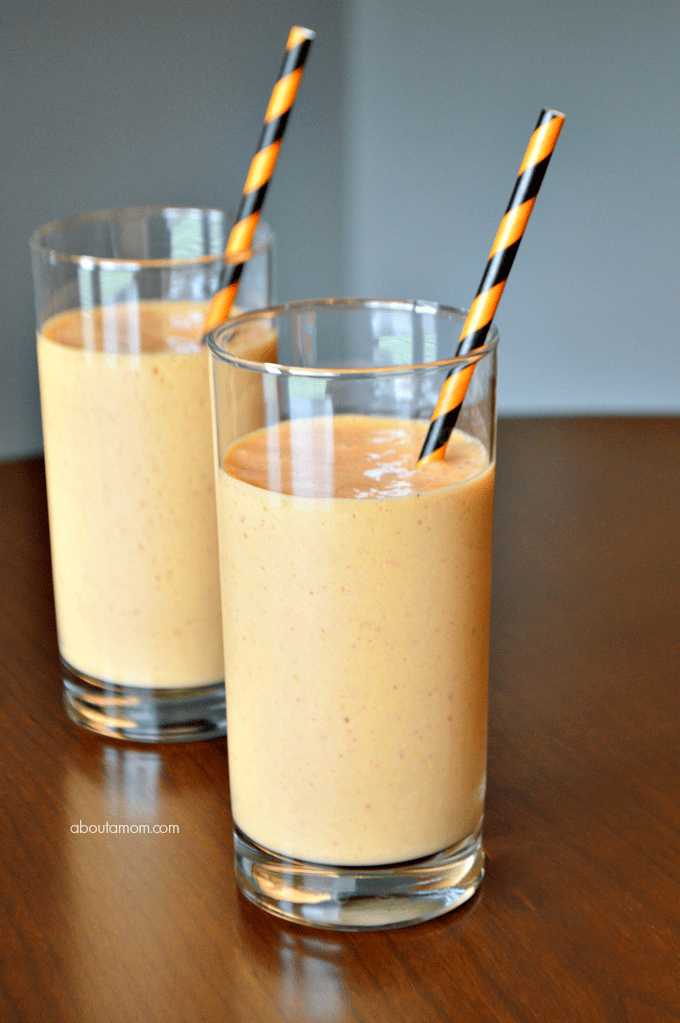 Trick your taste buds with a delicious Halloween fruit smoothie. This kid-friendly, orange colored smoothie is a tasty and healthy Halloween snack.