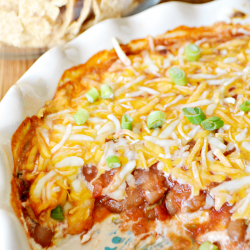 Easy 4 layer dip recipe. Layers of cream cheese, chili beans, Fresh Cravings Restaurant Style salsa, and a mixture of colby and jack cheeses come together to make a delicious dip that will have your friends and family begging for more.