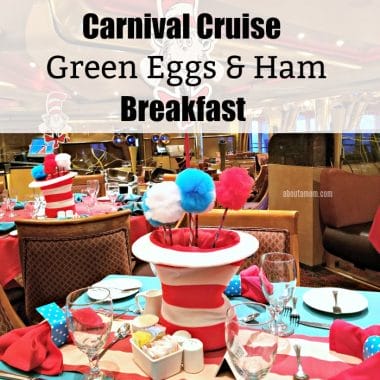 The Green Eggs and Ham Breakfast on Carnival Cruise is a special event offering on most cruises. The Dr. Seuss themed breakfast includes characters, a themed menu, and over-the-top Seuss inspired decorations.