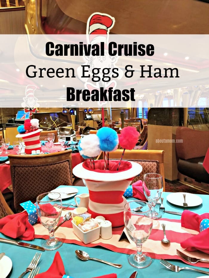The Green Eggs and Ham Breakfast on Carnival Cruise is a special event offering on most cruises. The Dr. Seuss themed breakfast includes characters, a themed menu, and over-the-top Seuss inspired decorations. 