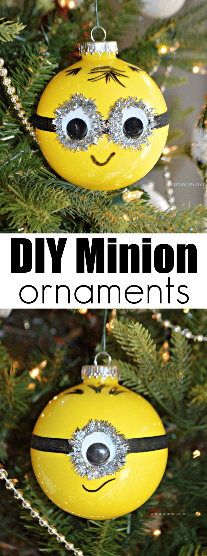 Plastic ball ornaments are used to make these DIY Minion ornaments that are a whole lot of fun and pretty easy to make. A Minion ornament that's perfect for Despicable Me fans young and old alike. 