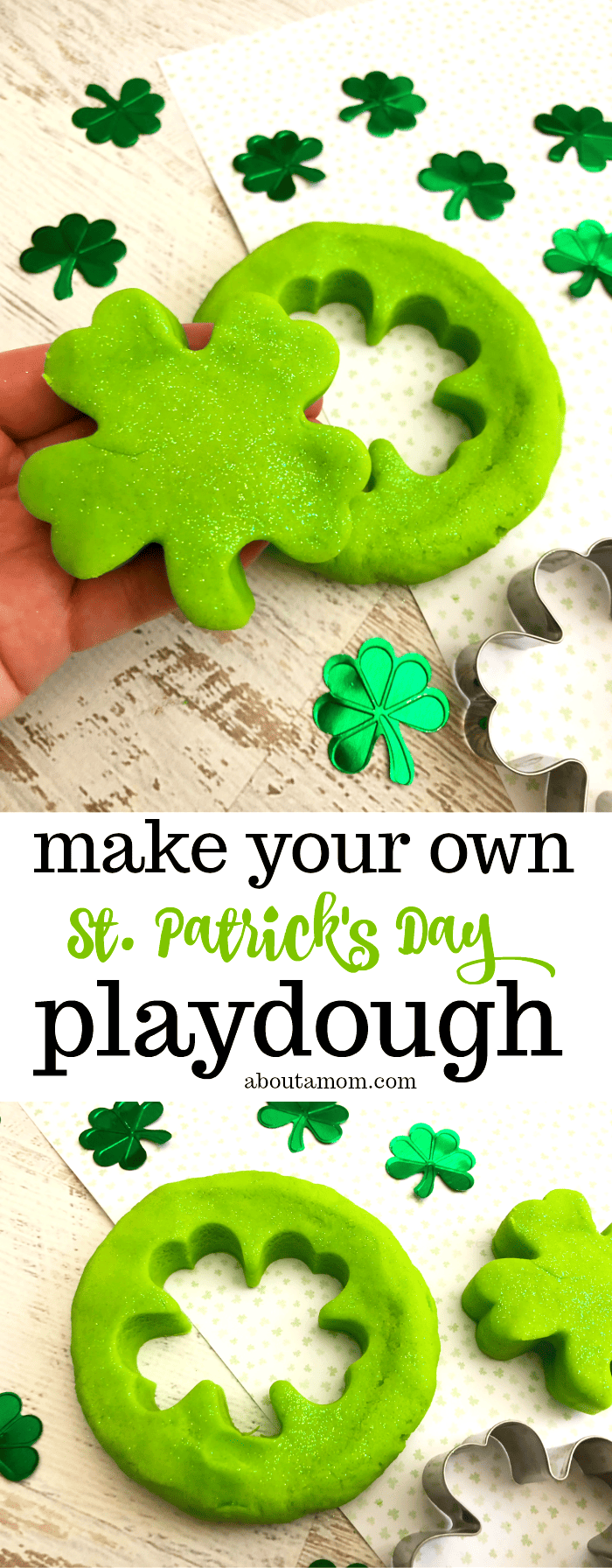 St. Patrick's Day Playdough. This glittery green homemade playdough recipe is a fun St. Patrick's Day activity for kids. 