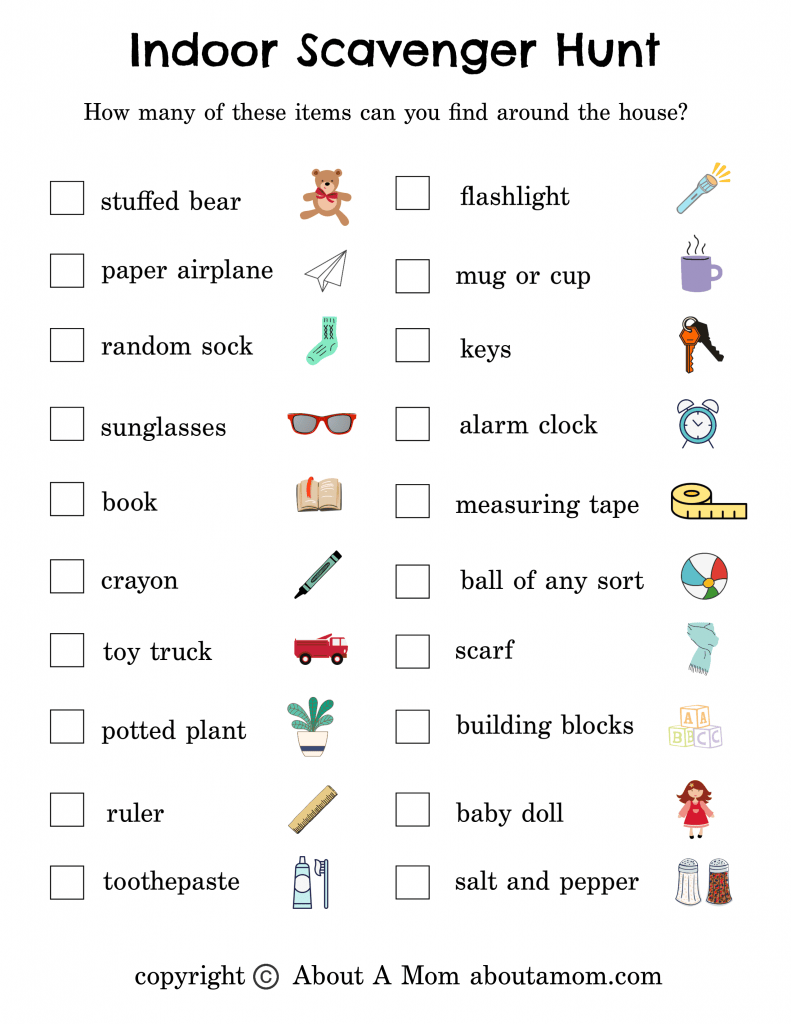 Indoor scavenger hunts are a great boredom buster and indoor activity for kids on rainy days. It's a great way to burn off energy while hunting around the house for items on the list. Use this free indoor scavenger hunt printable to get the kids moving, learning and having fun.