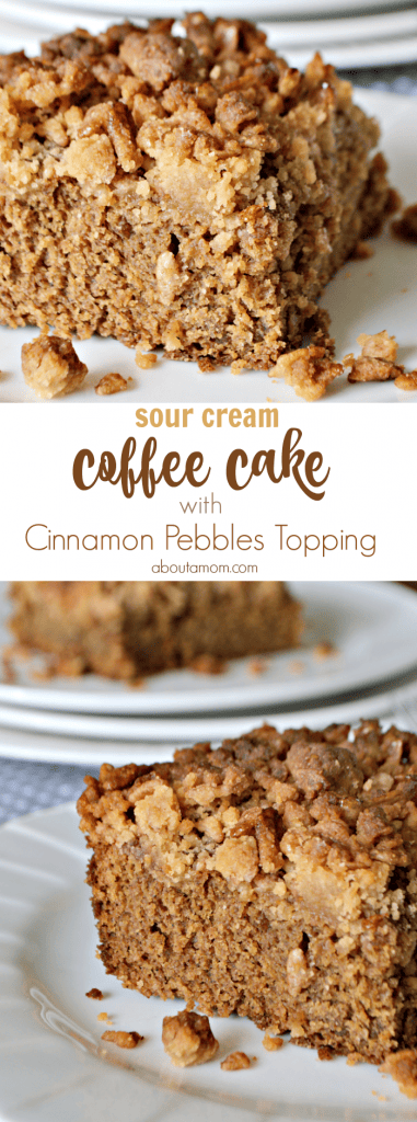 A sour cream coffee cake with an unexpected crunchy Cinnamon Pebbles crumb topping that everyone will enjoy.