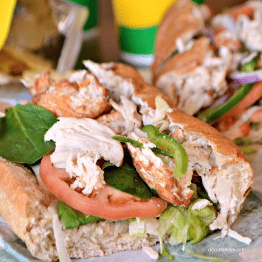 A delicious rotisserie-style chicken sandwich, made with tender, hand-pulled all white meat chicken, raised without antibiotics, and topped with flavorful crisp veggies on freshly baked bread.