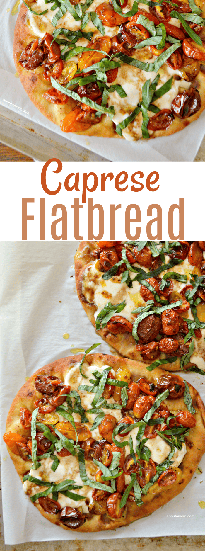 A roasted tomato and basil flatbread topped with extra virgin olive oil and balsamic reduction. This Caprese Flatbread Pizza recipe combines all the ingredients of a classic Caprese salad.