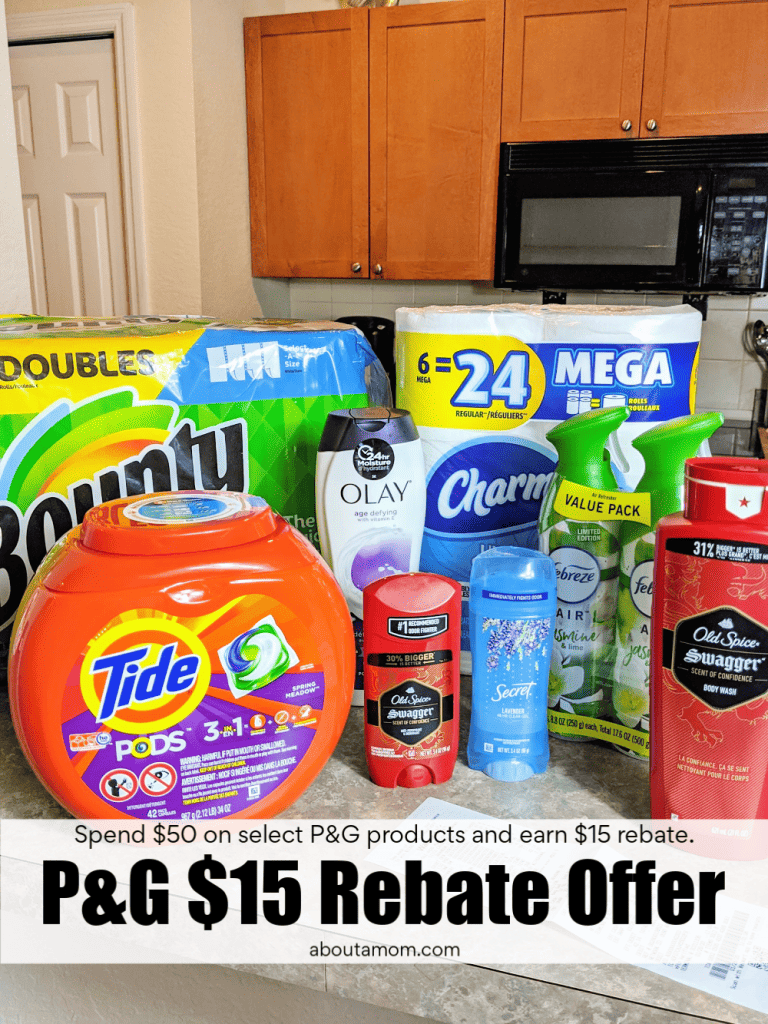 Stock up and save with this P&G rebate offer. P&G $15 Rebate Details: Spend $50 on select P&G Products, fill out the P&G rebate form online and submit a copy of your receipt. Offer valid for products purchased 1/26/20 - 2/9/20.