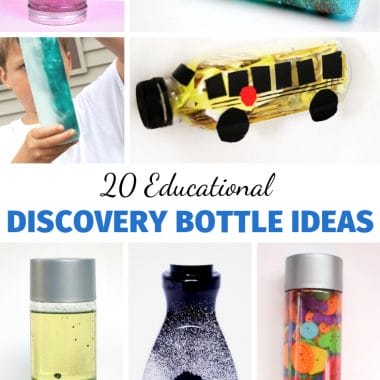 Discovery bottles are fun to make and a terrific boredom buster toy. Here are 20 different ideas for simple Educational Discovery Bottle Ideas so you can make sensory bottles to keep kids engaged all year long. Use these to create exciting and intriguing sensory play experiences for children.
