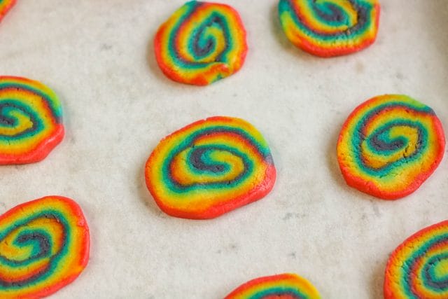 Rainbow Swirl Cookies in process slice and bake