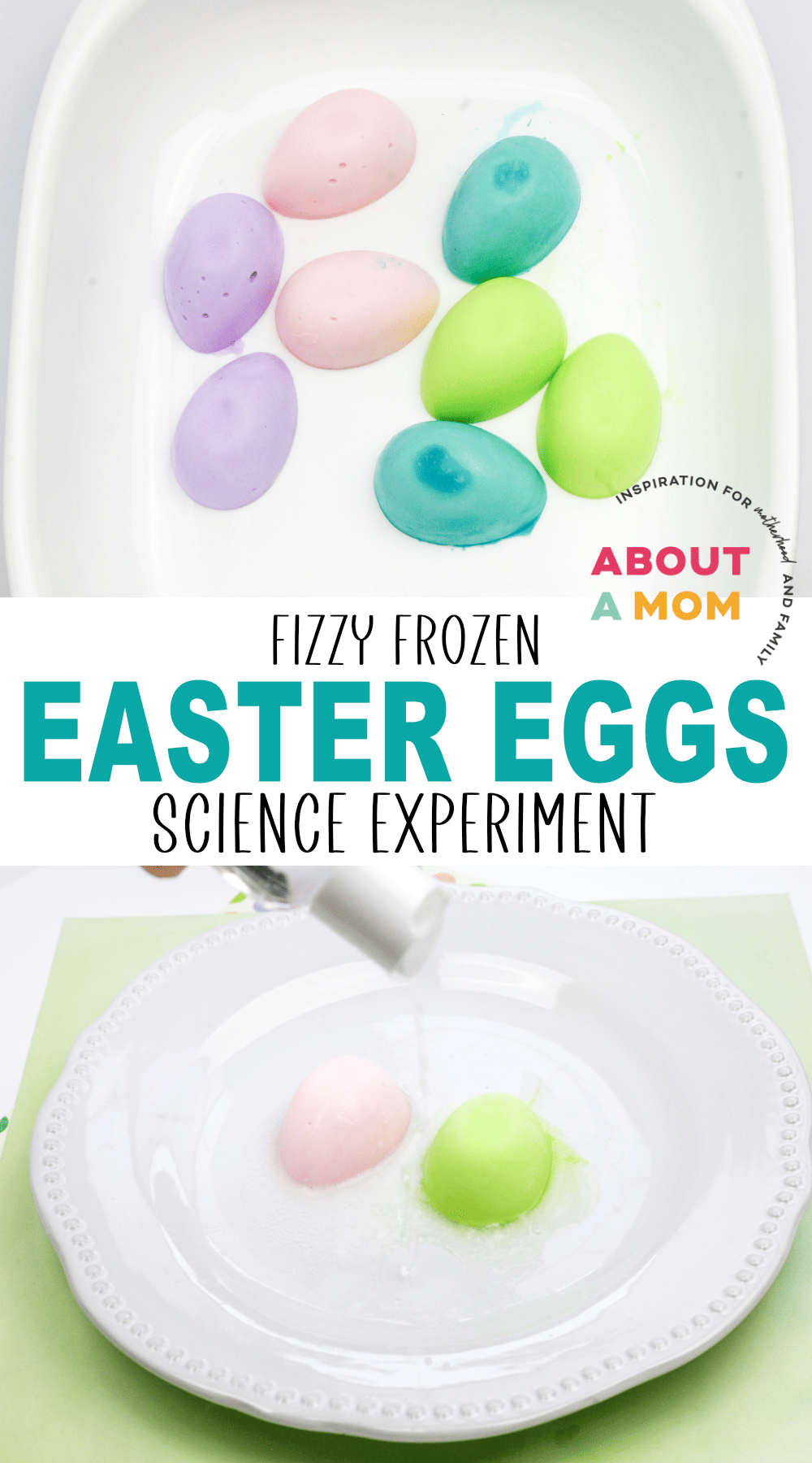 This fun Easter science experiment teaches chemical reactions! Frozen baking soda egg molds that fizz when vinegar touches them - SO cool!