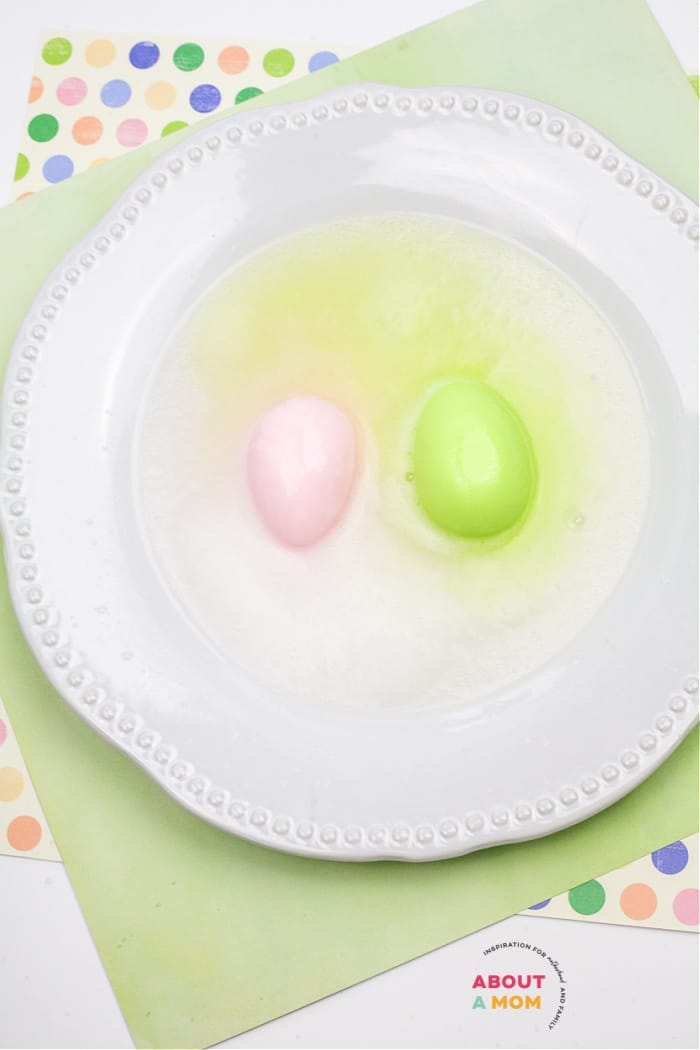 This fun and super cool Fizzy Frozen Eggs Easter Science Experiment introduces chemical reactions in a very festive manner. Use this in the classroom, homeschool, or anytime you want to show your kids something neat!