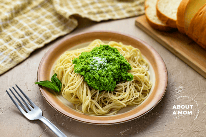 Vibrant and nutritious pea pesto comes together quickly and is delicious over pasta. It's a great recipe for sneaking more veggies into your family's diet.