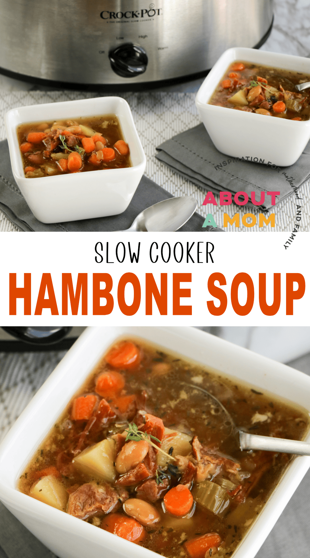 This slow cooker ham bone soup recipe is a great way to use up any leftover ham from Easter, Thanksgiving, Christmas, or anytime! The meat and veggie combo offers a healthy main course loaded with nutrition too!