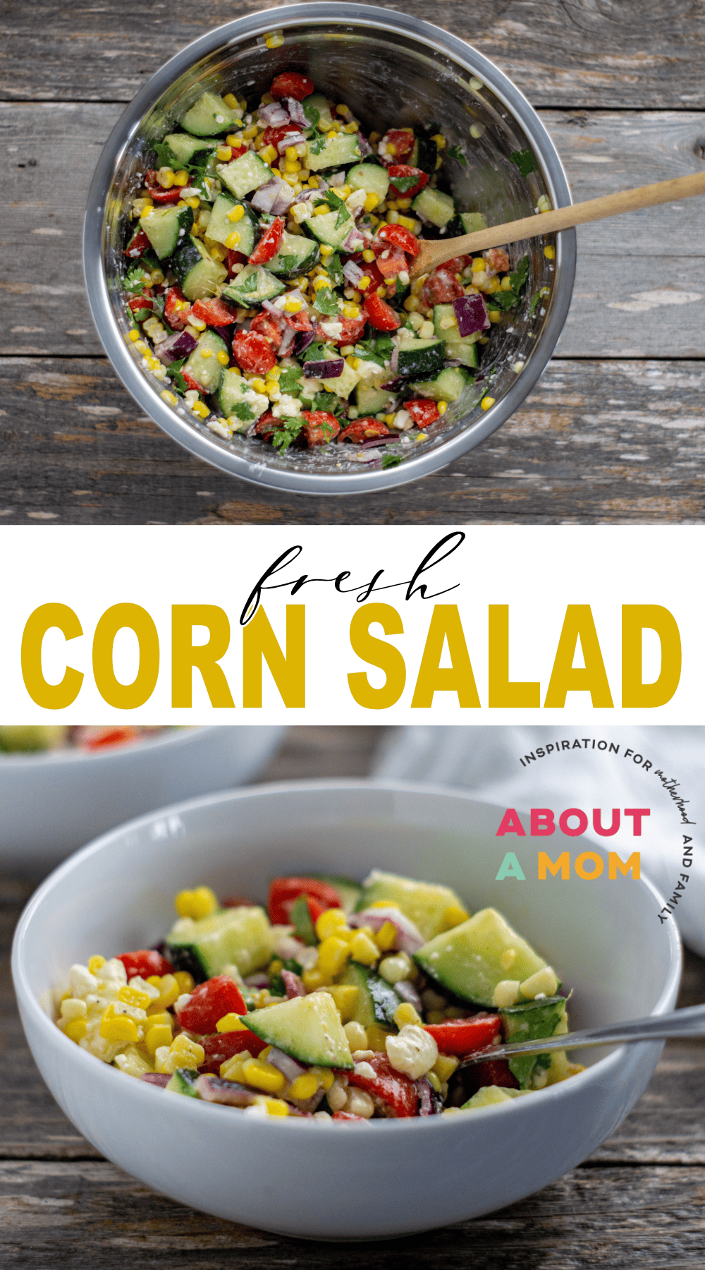 This Fresh Corn Salad recipe is full of flavor with fresh-from-the-cob corn, tomatoes, cucumber, red onion, feta cheese, a simple homemade vinaigrette and more.  Serve this Fresh Corn Salad as a summer lunch or a delicious side dish alongside your favorite BBQ!