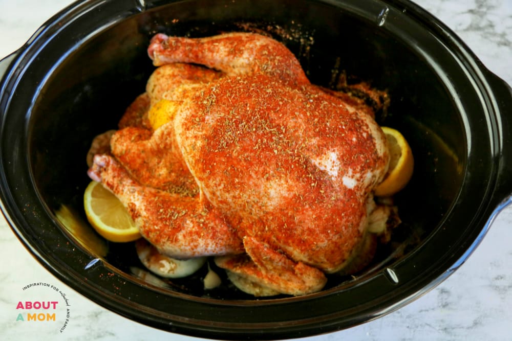 slow cooker whole chicken rubbed with oil and spices
