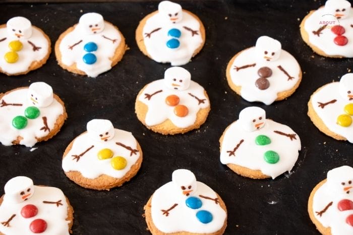 finished snowman cookies on a baking sheet