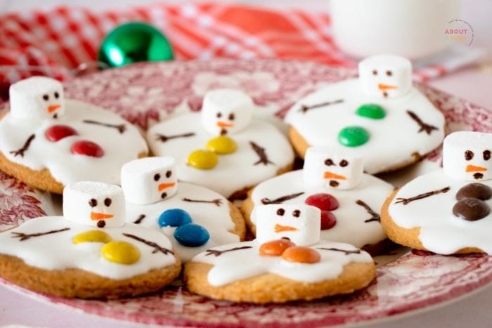 Christmas melted snowman cookies on a plate