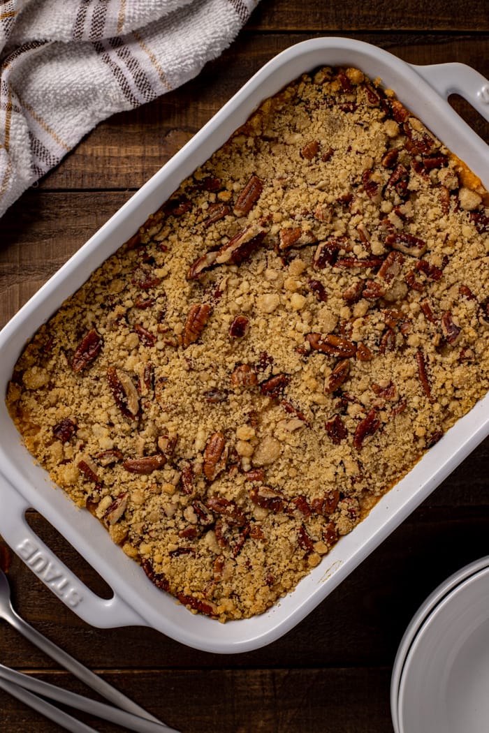 Finished Sweet Potato Casserole with Pecan Topping