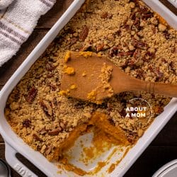 This sweet potato cassserole with pecan topping is the side dish for holidays and special occasions. The casserole is made with fresh sweet potatoes, vanilla and nutmeg and has a crunchy brown sugar and pecan topping.
