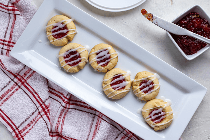 jam shortbread thumbprint cookies on a plate