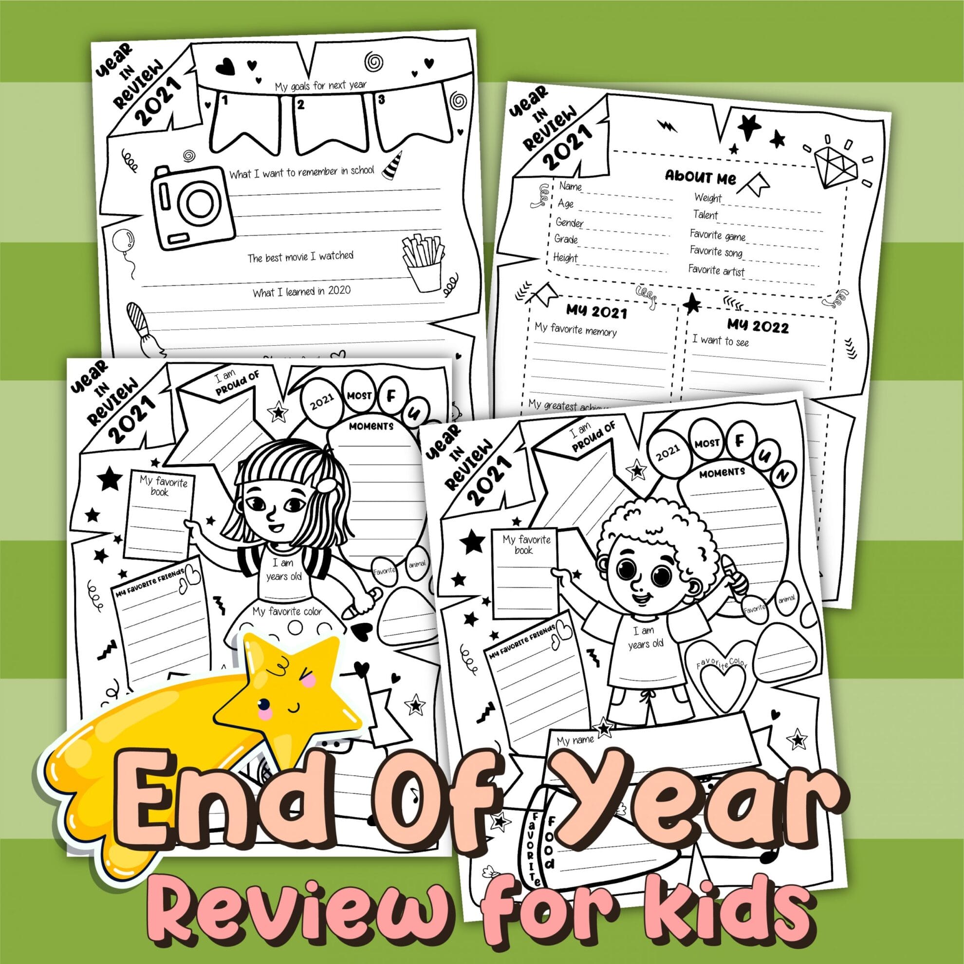 These Kids Year in Review Activity Sheets are the perfect way to end the year. This printable packet includes a variety of fun and engaging questions that will help your child reflect on their year and prepare for the next one. A terrific New Year's Eve activity for children and great for classroom use.