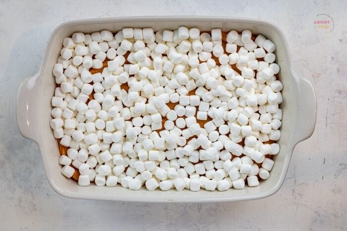 marshmallows spread over top of sweet potato mixture