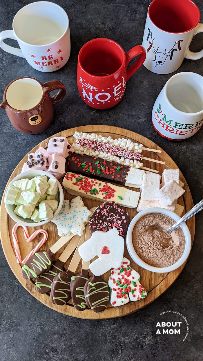 Tis the season for hot cocoa, so I have some hot cocoa board inspiration to share with you. Hot cocoa boards make winter gatherings more festive. This hot chocolate board is loaded up with lots of marshmallows, stir sticks, and the very best homemade hot cocoa mix.