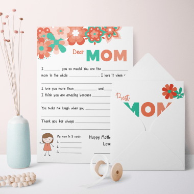 A free Mother's Day printable for kids. This sweet fill in the blanks Mother's Day Letter is a fun and personalized gift that kids can make for mom. The printable Mother's Day card is available in color or black and white.