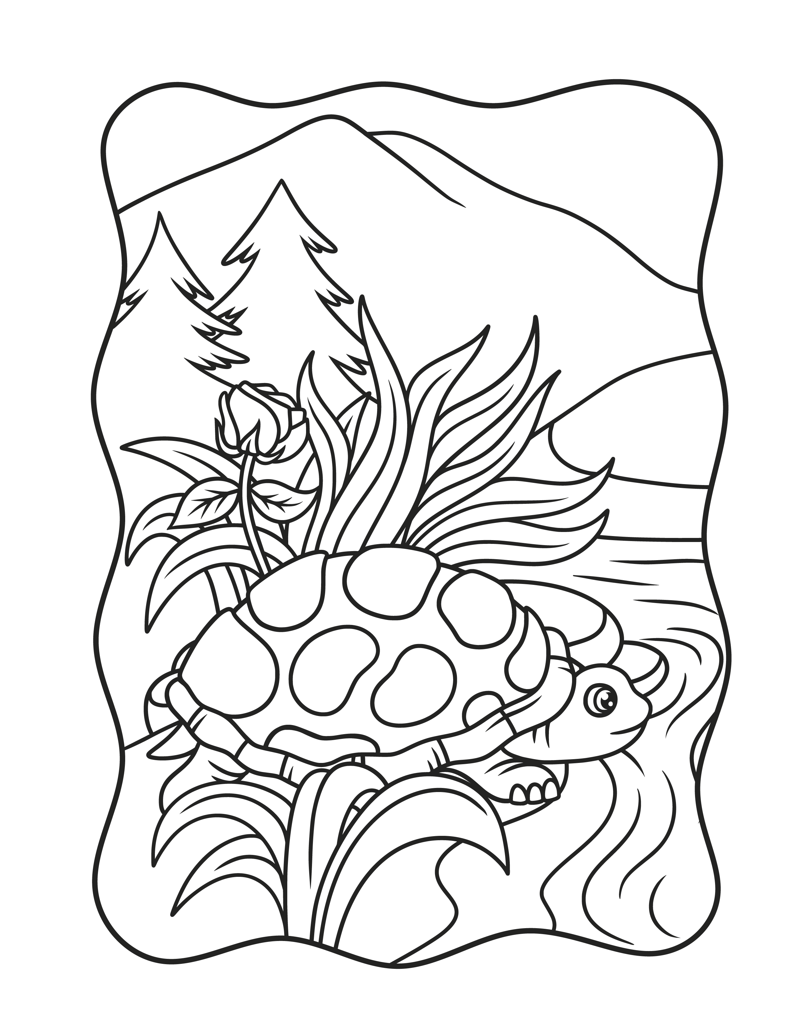 coloring page of turtle in nature setting
