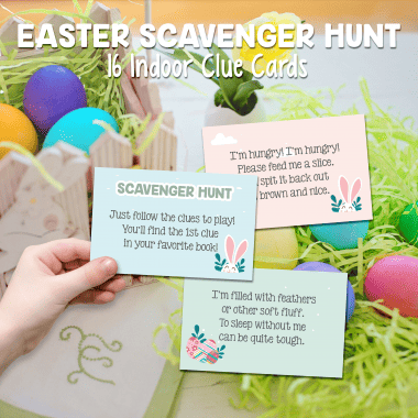 These Easter egg scavenger hunt clues cards are a fun way to keep the Easter Egg Hunt fun going. Just print out the cards, cut them out, and hide them around your house.