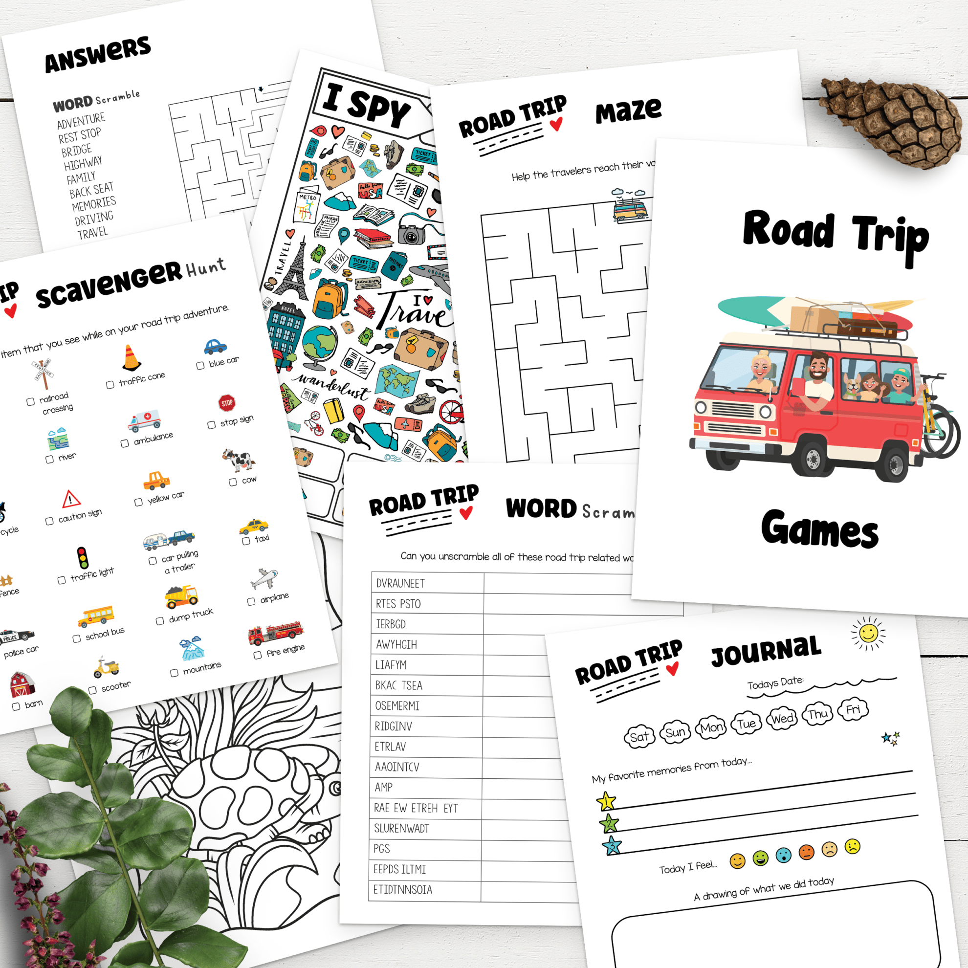 Summer road trip printables will keep kids entertained on vacation. This free summer road trip activity pack includes a word scramble, i-spy game, scavenger hunt, maze, journal sheets and more.
