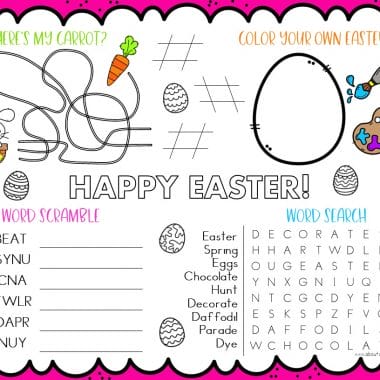 This free printable Easter activity sheet for kids features a fun find the carrot maze, Easter egg to decorate, word scramble, word search and tic tac toe game.