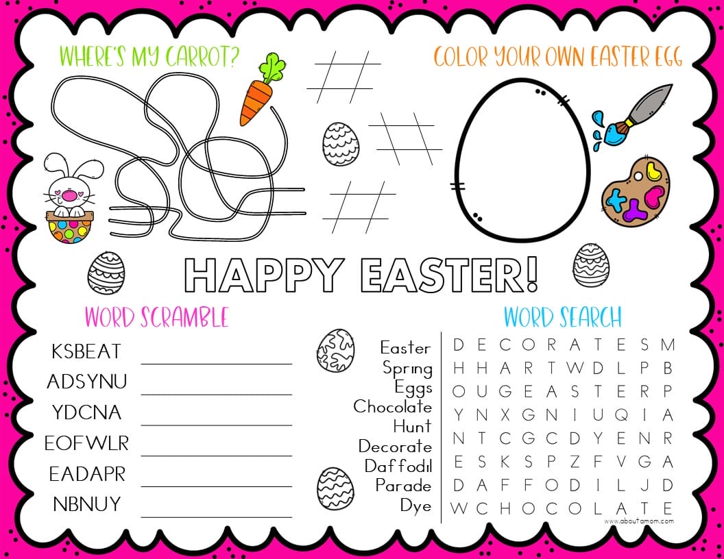 This free printable Easter activity sheet for kids features a fun find the carrot maze, Easter egg to decorate, word scramble, word search and tic tac toe game.
