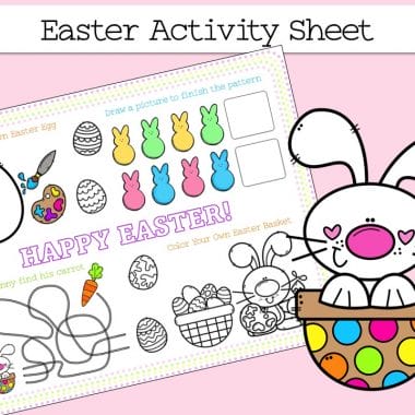This free printable Easter Placemat for preschoolers and activity sheet is perfect for younger children. This fun and easy Easter activity sheet includes a follow the pattern activity, mazes, coloring and more.