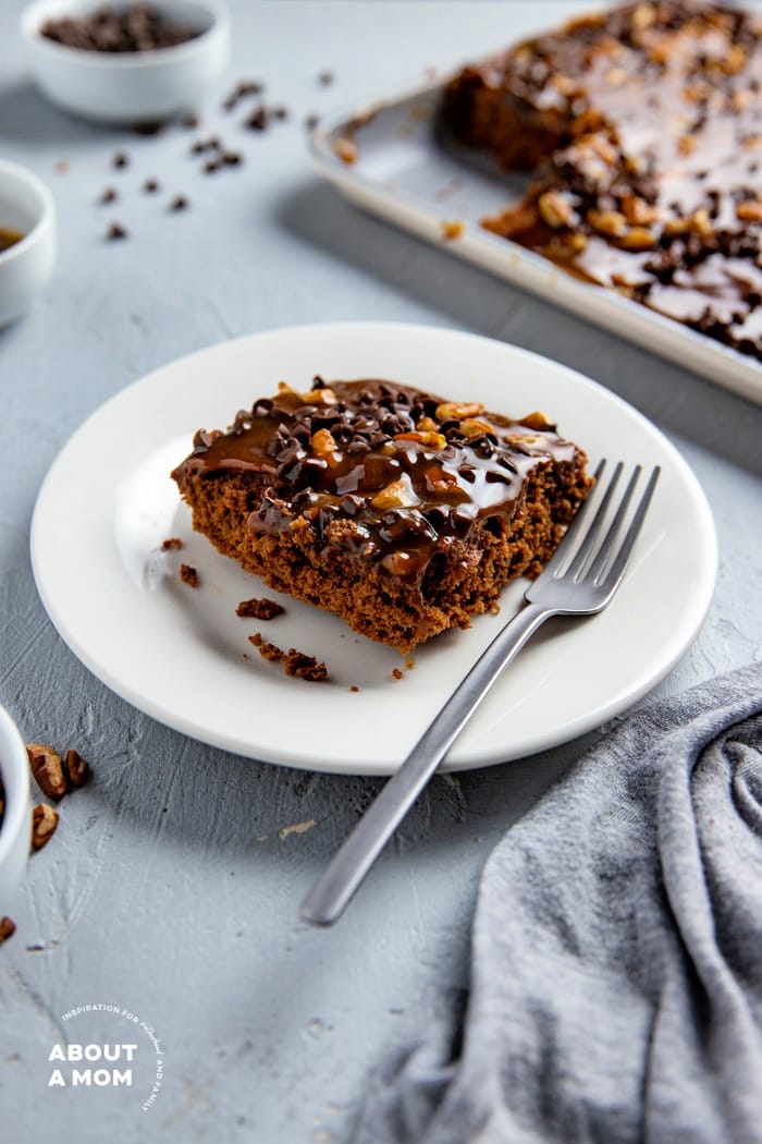 Texas Sheet Cake with Caramel, Chocolate and Pecan Topping